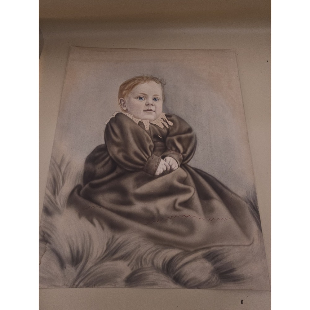 Large Antique Crayon Enlargement Portrait Victorian Young Child Blue Eyes